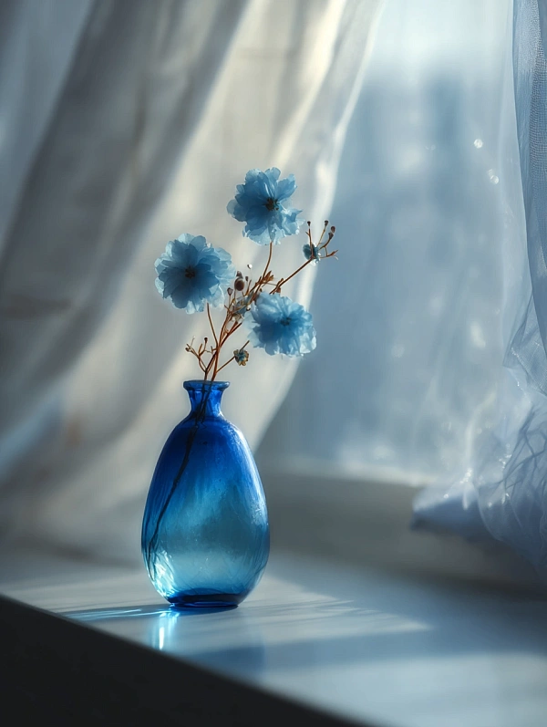 Синие цветы в вазе на окне