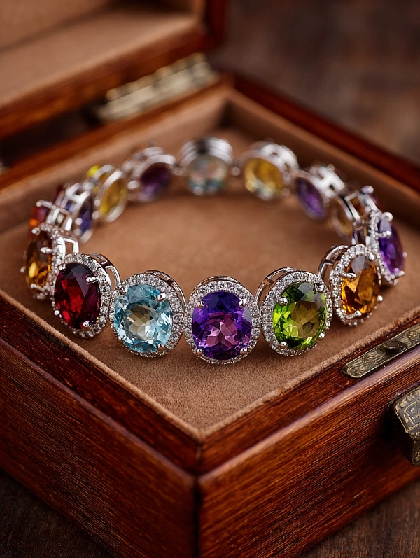 Браслет с разноцветными камнями в шкатулке
