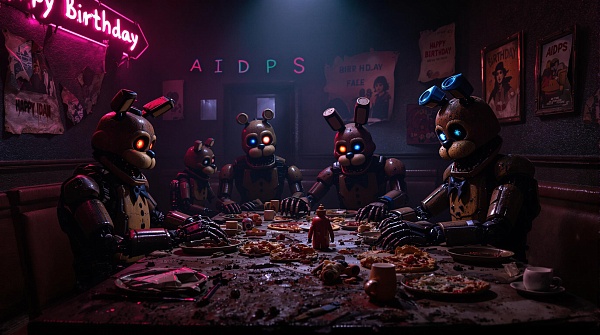 Grotesque banquet in an abandoned pizzeria