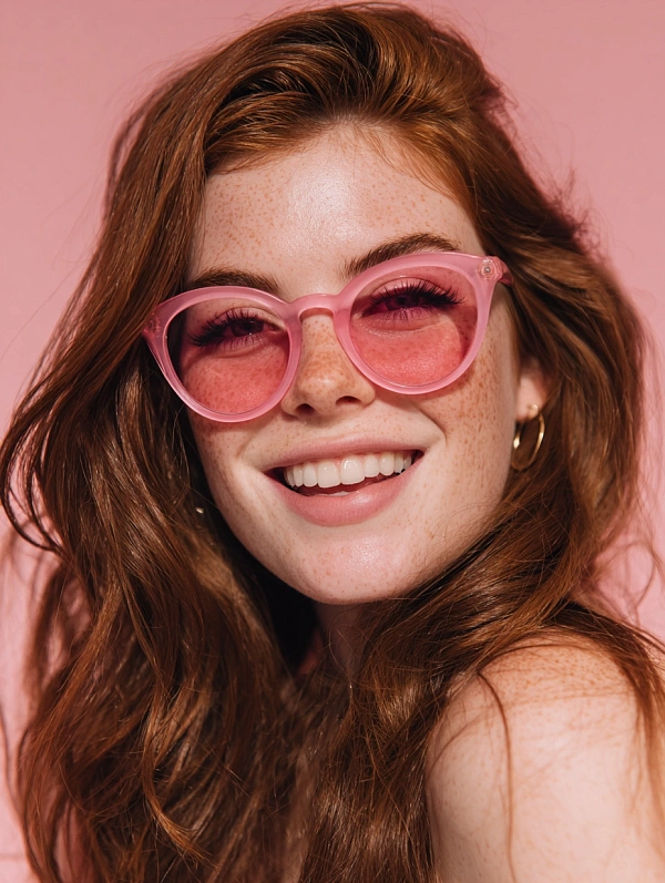Улыбающаяся девушка в розовых очках