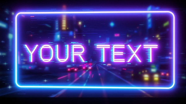 Glitching neon sign in a pixelated cityscape