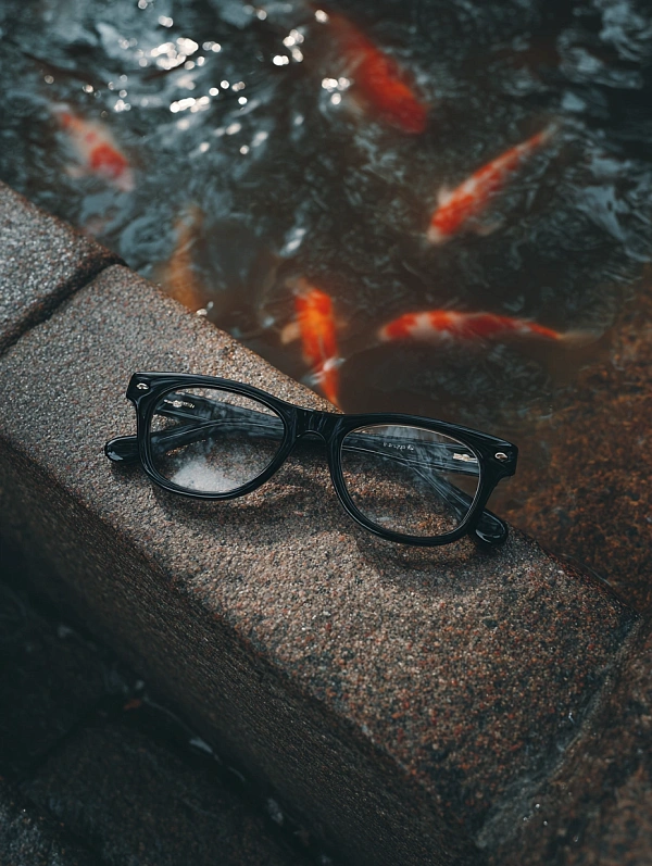 Очки на каменном бортике с рыбками