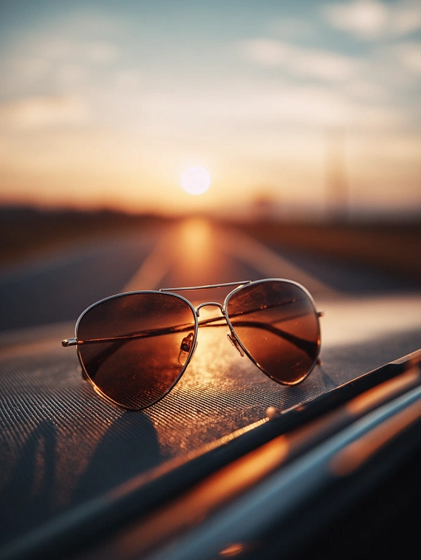 Солнцезащитные очки на закате дороги