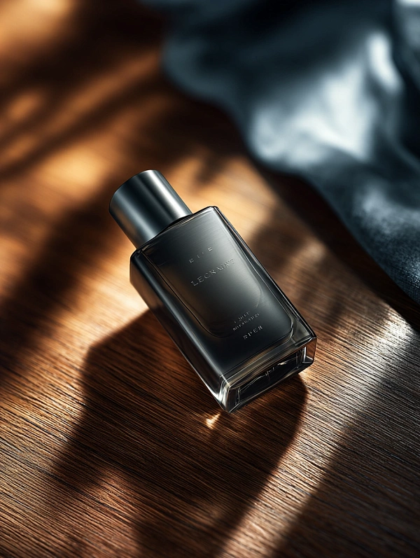 Флакон парфюма на деревянном столе
