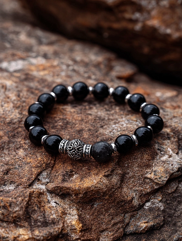 Браслет из черных бусин на камнях