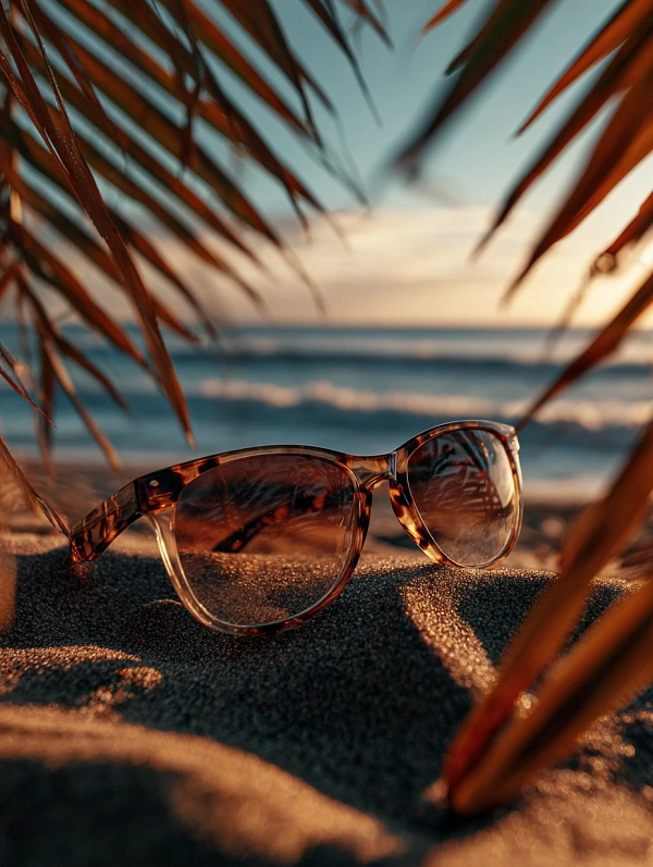 Солнцезащитные очки на пляже заката