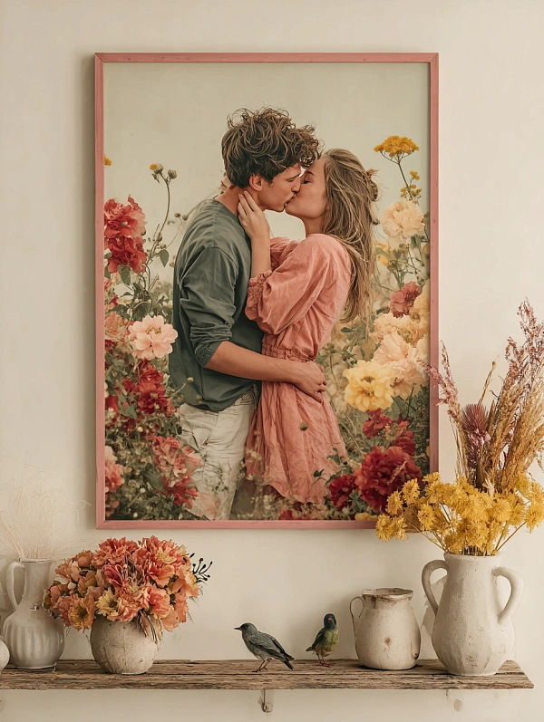 Романтический поцелуй в цветочном саду