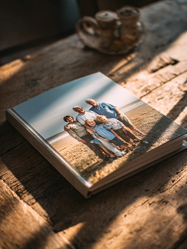 Семейный фотоальбом на деревянном столе