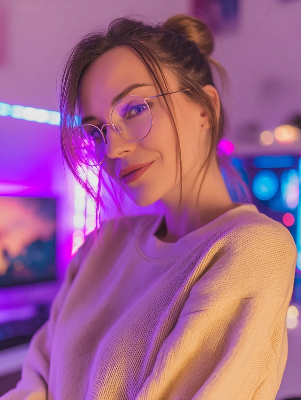 Молодая женщина в свитере и очках