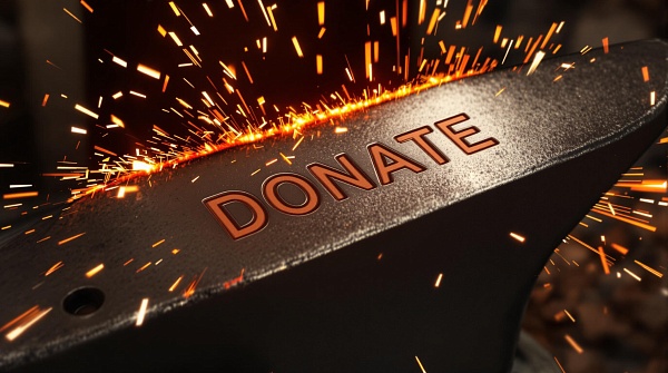 Blacksmiths anvil with molten sparks and a glowing donation plate