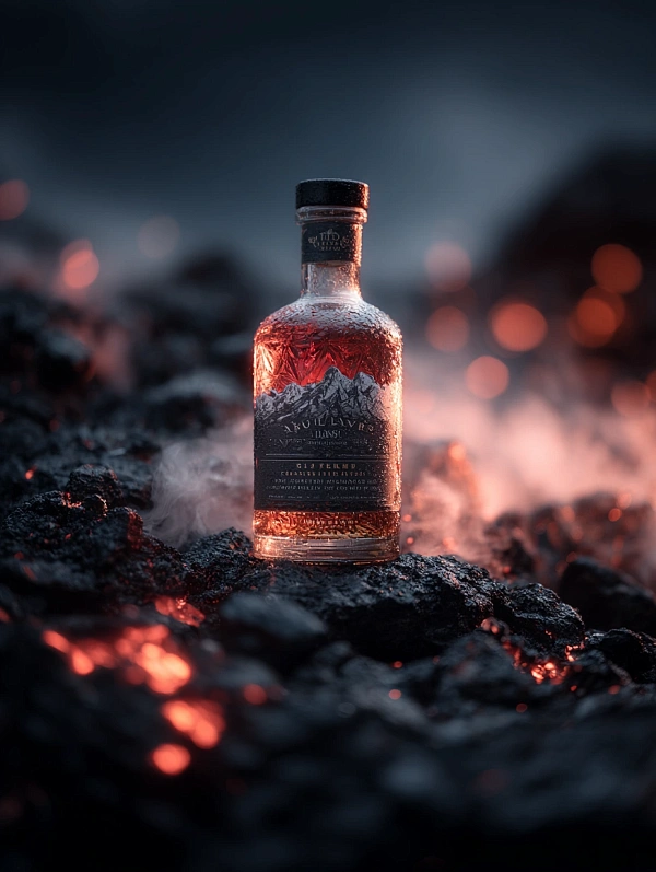 Бутылка виски в огненном пейзаже