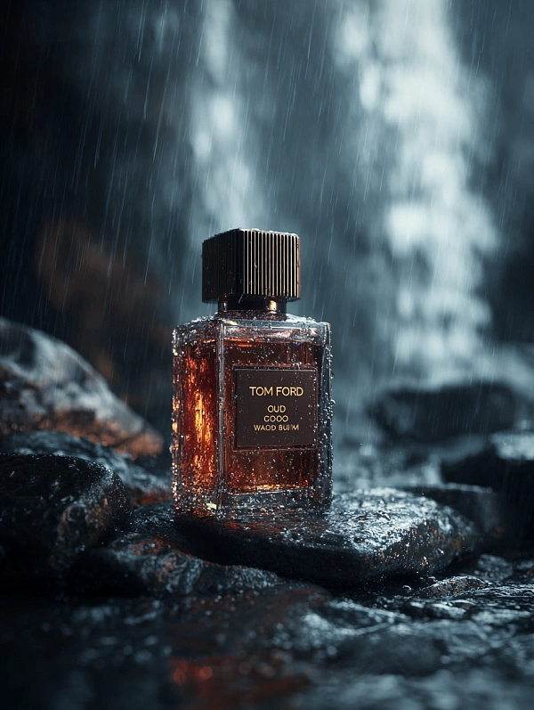 Флакон духов Tom Ford в дождевой среде