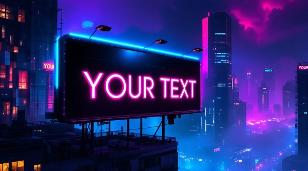 Futuristic neon vaporwave billboard in a cyberpunk city