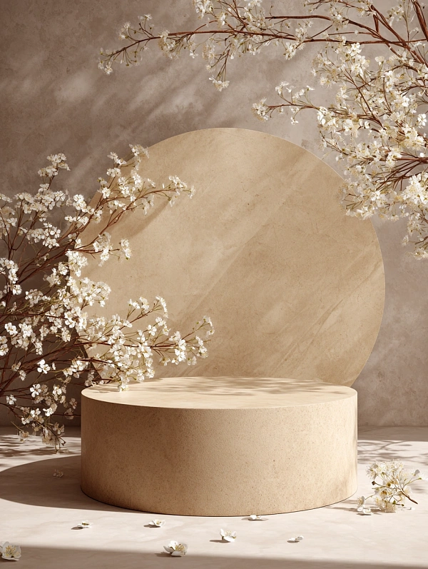 Нейтральный круглый подиум с цветами