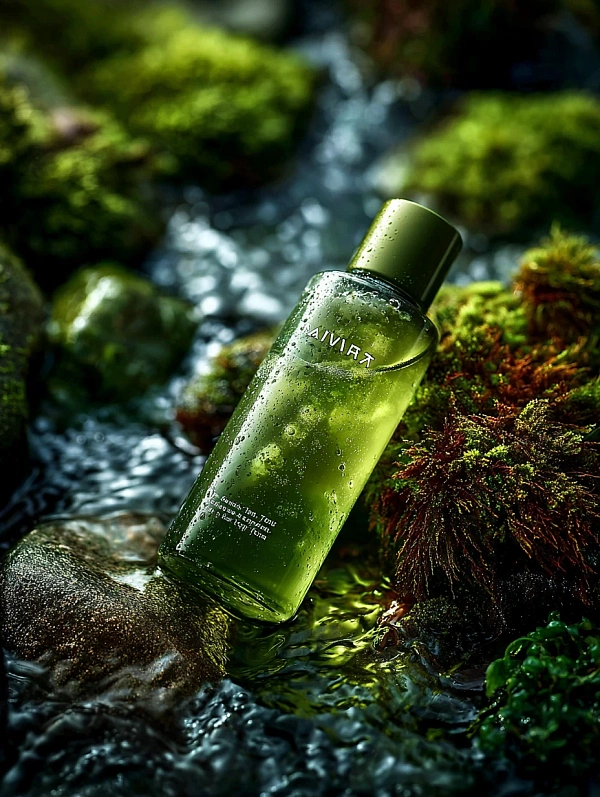 Зеленый флакон с тонером на камнях