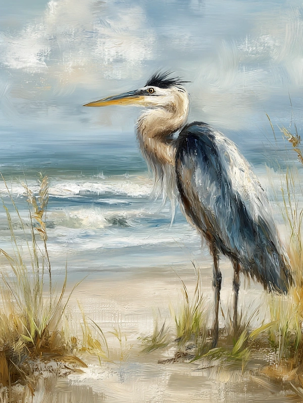 Живописный пейзаж с цаплей у моря