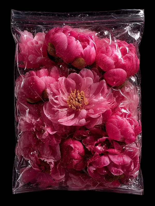Розовые пионы в прозрачном пакете