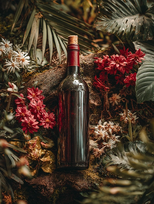 Бутылка вина среди цветов и листвы