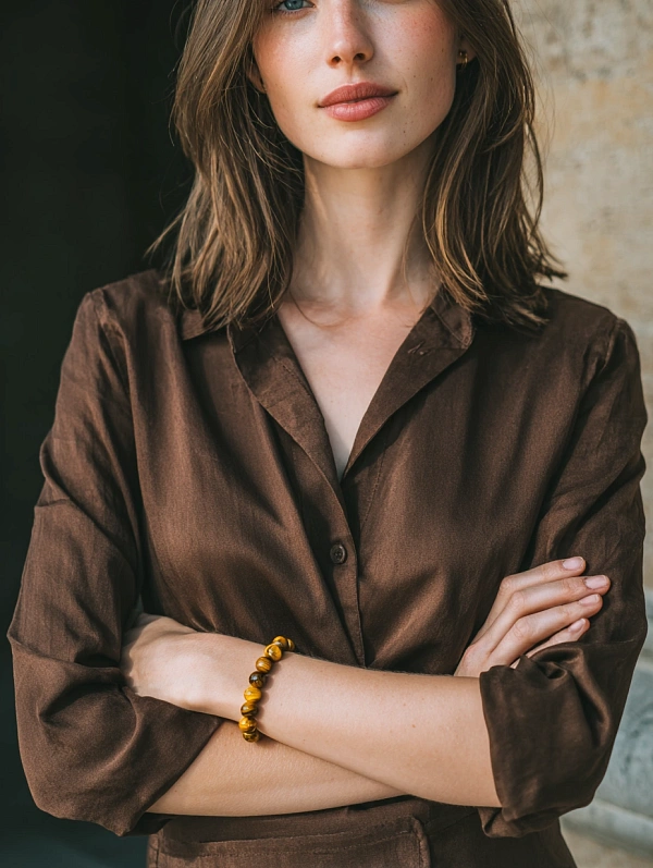 Женственный портрет с браслетом из тигрового глаза