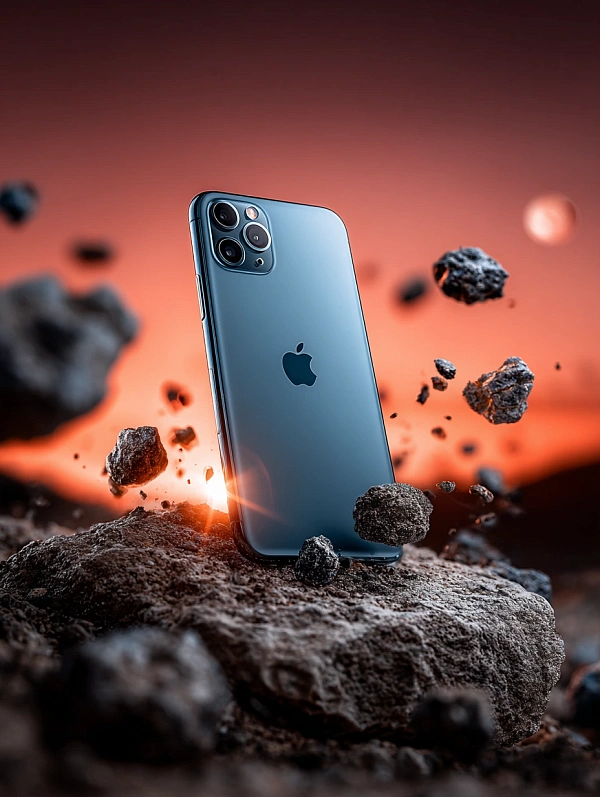 Смартфон на каменных обломках