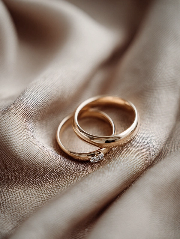 Золотые обручальные кольца на ткани