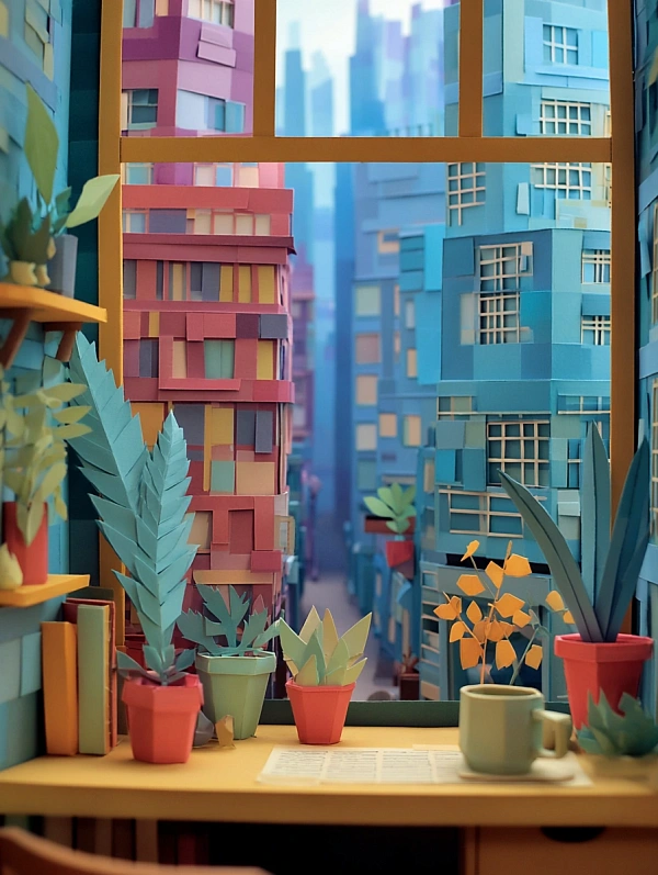 Вид из окна на бумажный город