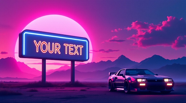 A retro vaporwave sunset scene with glowing elements