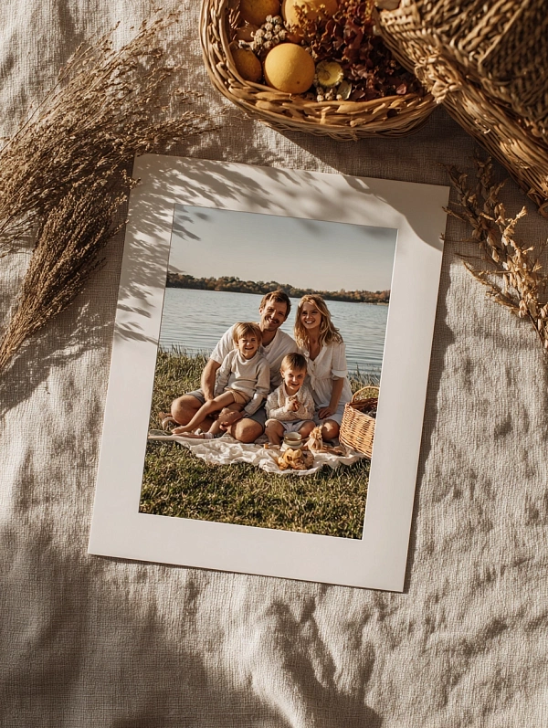 Семейное фото на пикнике у озера