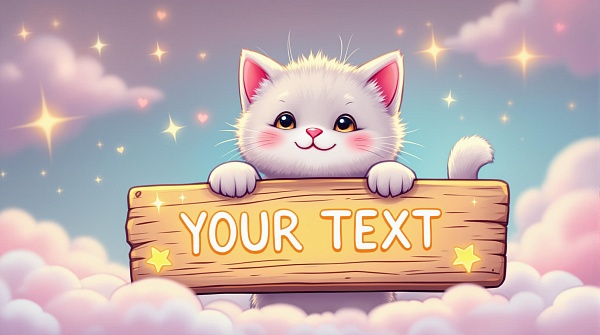 Kawaii kitten with pastel sign in dreamy setting