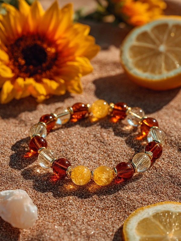 Браслет из янтарных и прозрачных бусин