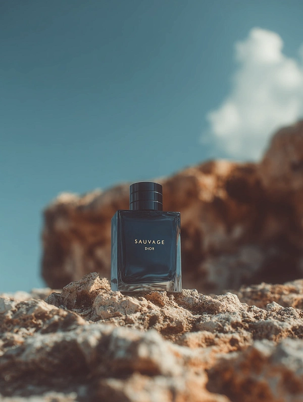 Духи Sauvage от Dior на скале