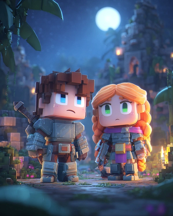 Персонажи в стиле Minecraft сражаются
