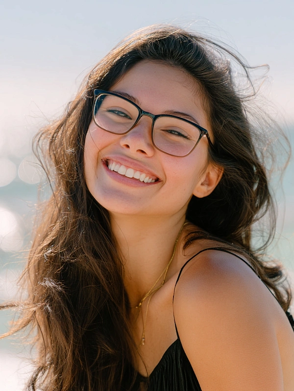 Счастливая женщина в очках на природе