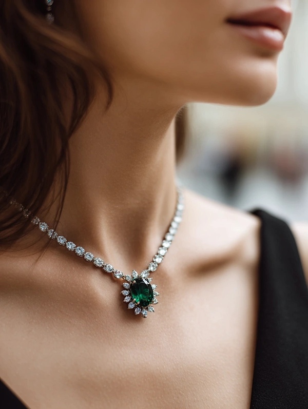 женская цепочка с изумрудным кулоном