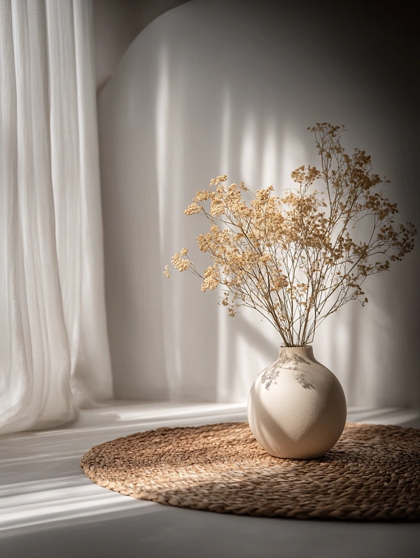 Ваза с сухими цветами на круглом коврике