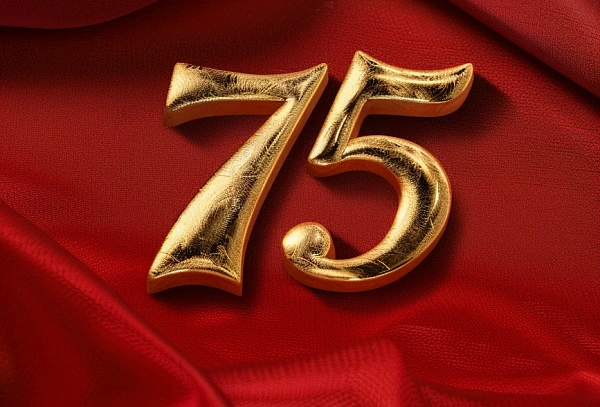 Золотая цифра 75 на красном фоне