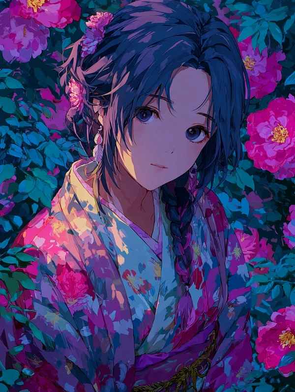 Девушка в кимоно среди цветов