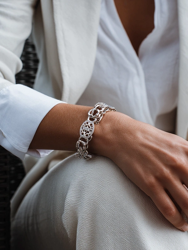Элегантный серебряный браслет на руке