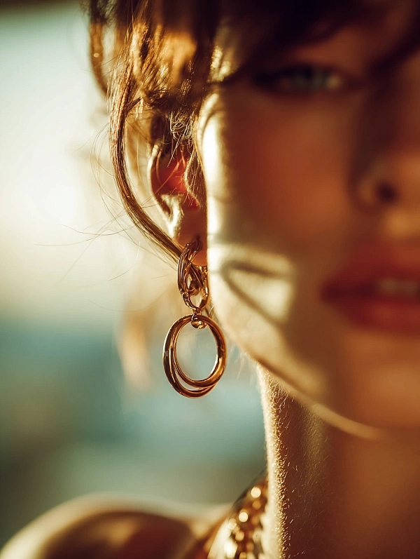 Элегантные золотые серьги крупным планом