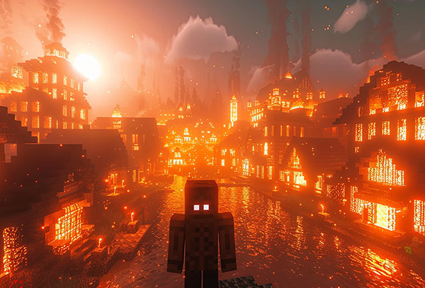 Горящая деревня в Minecraft