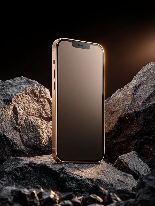 Элегантный золотой смартфон на скалах