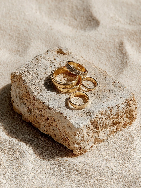 Золотые кольца на камне в песке