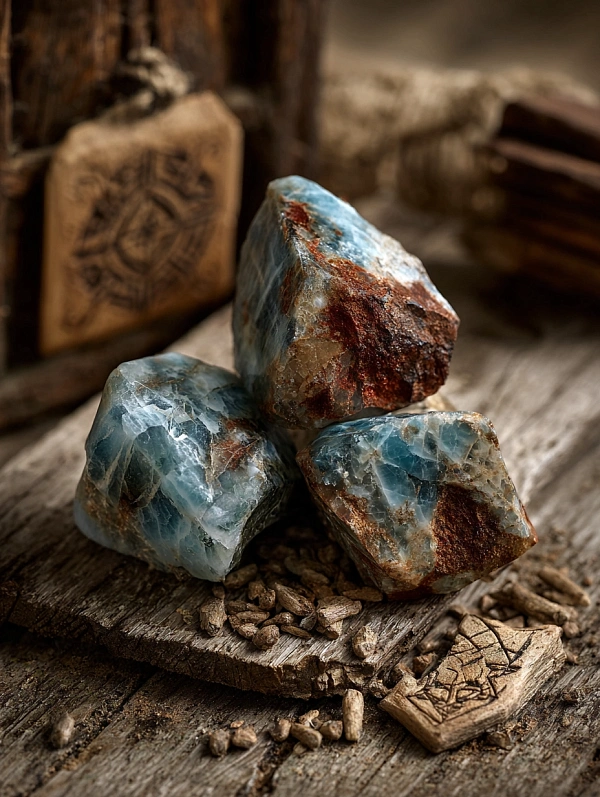 Голубые минералы на деревянной поверхности