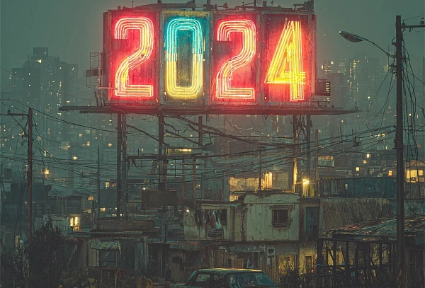 Неоновый знак 2024 года в городе