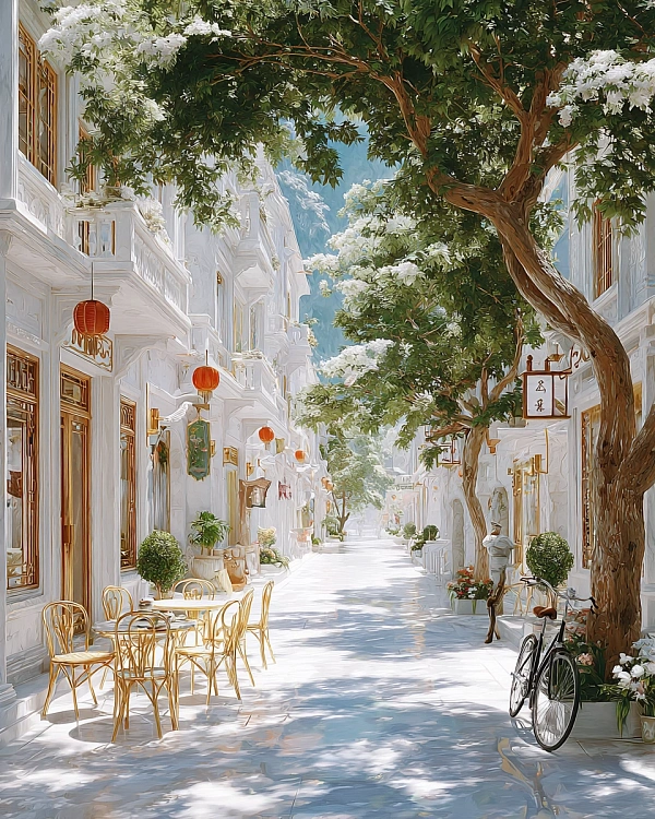 Уютная улица с кафе и деревьями