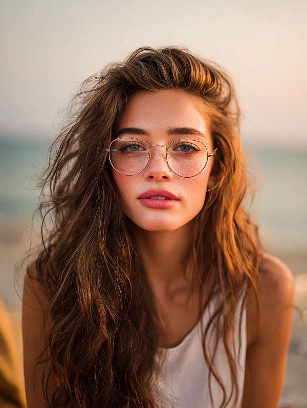 Молодая женщина с очками на пляже