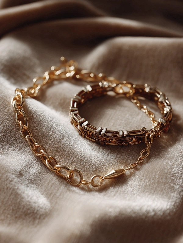 Золотые браслеты на тканевой подложке