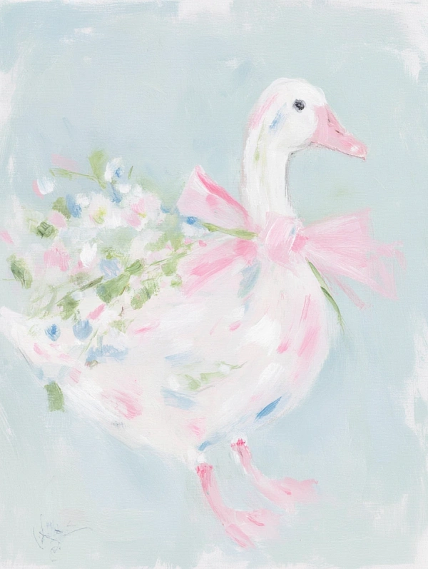 Милая белая утка с букетом цветов