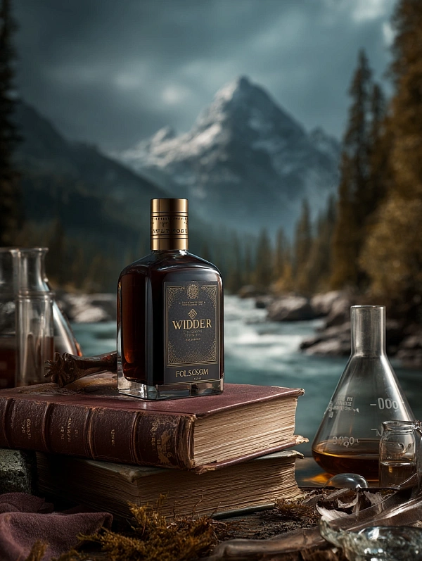 Бутылка виски на старинных книгах у реки