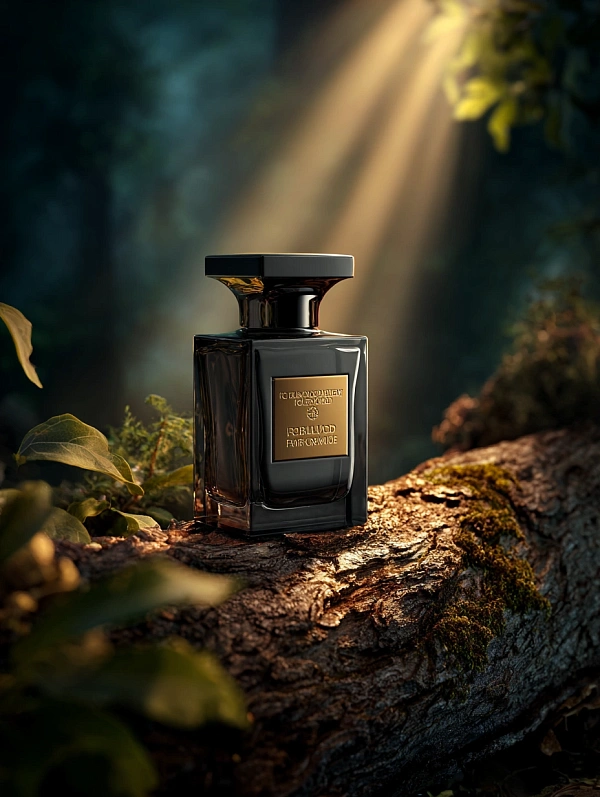Элегантный флакон духов в лесу